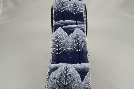 46073 - 63mm Wired woven edge Midnight Blue Wintery design with a detailed Silver edge ribbon x 10 Metre Rolls!