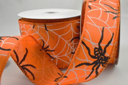 46074 - 38mm / 63mm  Bright Orange wired woven edge ribbon with a SPOOKY white web and GHASTLY black spider design x 10mts