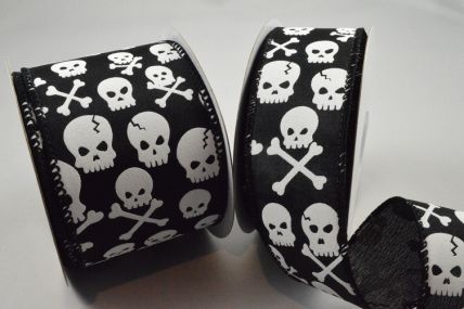 46075 -  Skull and Cross Bones Jolly Roger printed design Wired Woven edge ribbon in striking Black and White colours x 10m  