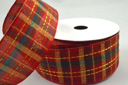 46077 - 40mm Wired Edge Modern Red, Green and Gold check ribbon  x 11mts