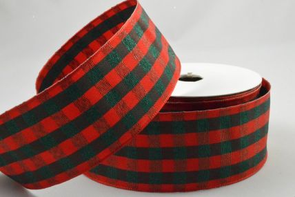 46078 - 40mm Wired Edge Modern Check Stripe Red and Green ribbon  x 11mts