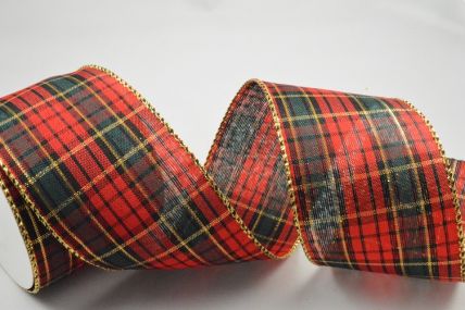 46079 - 63mm Wired Edge Festive Red and Green Tartan check with a gold lurex sparkle  x 11mts