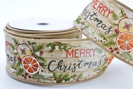46081 - 63mm Wide woven wired edge Natural festive Merry Christmas ribbon x 10mts