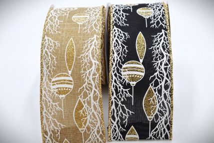 46083 - 63mm Wide woven gold wired edge Natural or Black Glittery baubles and snowy white design Christmas ribbon x 10mts