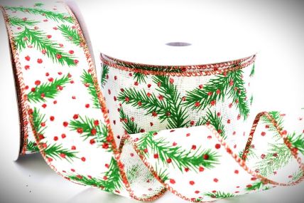46084 - 38mm / 63mm Wide woven red wired edge Cream with a lovely and bright red and green Christmas design ribbon x 10mts