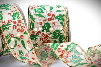 46085 - 38mm / 63mmWide woven gold wired edge Natural with a glittery Christmas design ribbon x 10mts