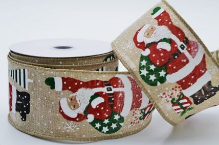 46086 - 63mm Wide woven wired edge Natural Jolly Father Christmas colourful design ribbon x 10mts