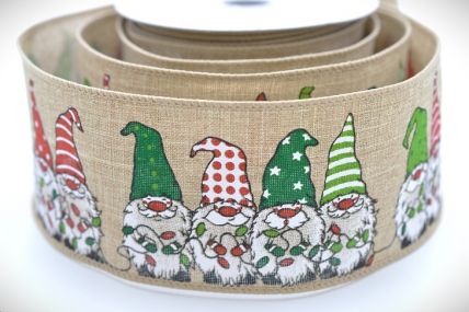 46087 - 63mm Wide woven wired edge Natural Cheeky Christmas Elves colourful design ribbon x 10mts