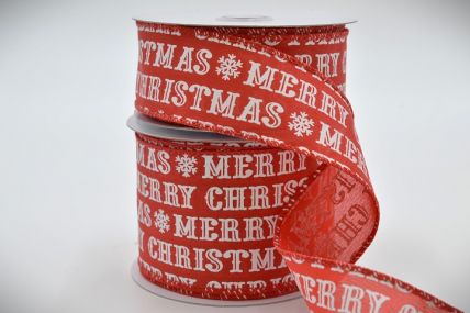 46088- 38mm / 63mm Wide woven wired edge Red and White Merry Christmas message ribbon x 10mts