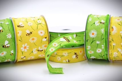 46089 -  25mm/38mm/63mm Wide woven wired edge Bright Yellow  OR Green Summery Bumble Bee and Flowery ribbon x 10mts