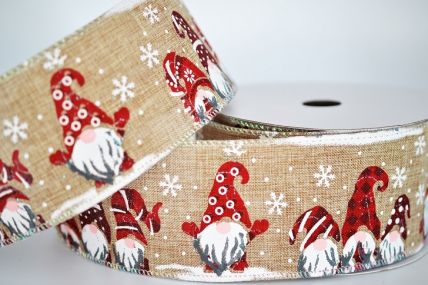 46090 - 63mm Wide woven wired edge Natural Christmas Elves and Snowflakes ribbon  x 10mts