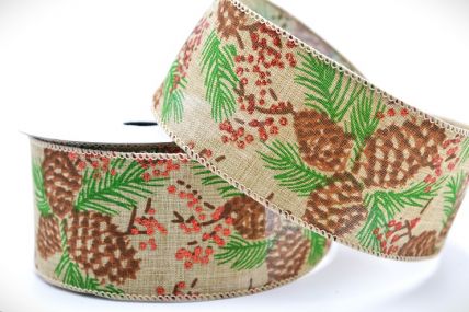 46092 - 63mm Wide woven wired edge Natural Pine tree and cone with bright red berries ribbon  x 10mts