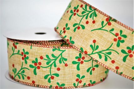 46093 - 63mm Woven wired edge Natural Christmas holly and berry ribbon with red stitched edge  x 10mts