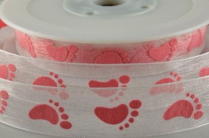 15mm Baby Pink Sheer Printed Baby Feet Ribbon x 20 Metre Rolls!!