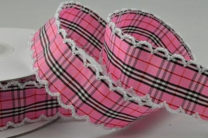 25mm Pink Fancy Check Ribbon with Scallop Edge x 10 Metre Rolls! 