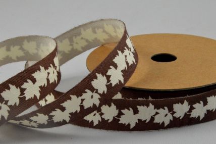 15mm Brown Cotton Autumn Leaf Printed Ribbon x 10 Metre Rolls!