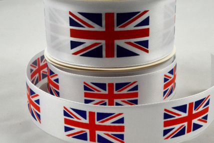 55095 - 25mm & 38mm White Single Satin Great Britain Flag Ribbon x 10 Metre Rolls!
