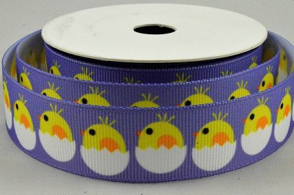 55119 - 22mm Lilac/White grosgrain ribbon with a colourful Easter printed design x 10 Metre Rolls!