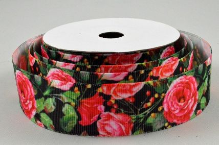 55120 - 25mm Black ribbed ribbon with a colourful floral printed design x 10 Metre Rolls!