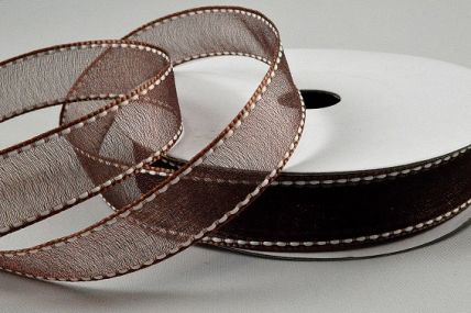 55123 - 16mm sheer ribbon with a white saddle stitch x 20mts-5750 Brown and Off White