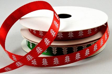 55124 - 10mm Satin ribbon printed with a White Christmas Tree design x 10mts