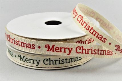 55126 - 10mm Cream herringbone ribbon printed with a Merry Christmas message x 10mts. 