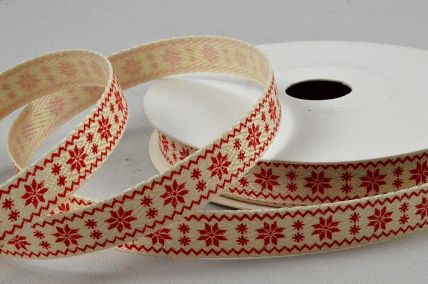 55127 - 10mm Cream herringbone ribbon printed with a Red Christmas Snowflake design x 10mts.