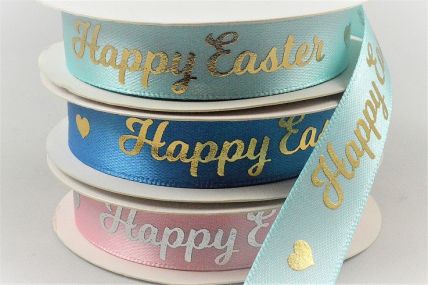 55129 - 15mm satin ribbon with a printed Happy Easter message and a Heart design x 10mts. 