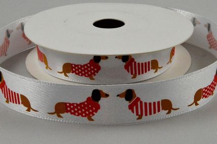 55130 - 15mm White satin ribbon with a colourful printed fancy DOG design x 10mts.  