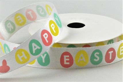 55132 - 15mm White satin ribbon with a colourful EASTER egg printed design x 10mts