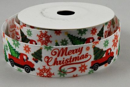 55133 - 22mm White grosgrain ribbon with a colourful Merry Christmas printed message and car design x 10mts 