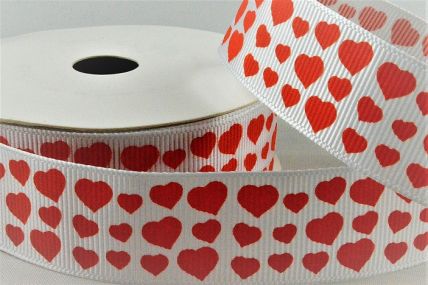 55135 - 22mm White grosgrain ribbon printed with a Red Love Hearts Valentines design x 10mts. 