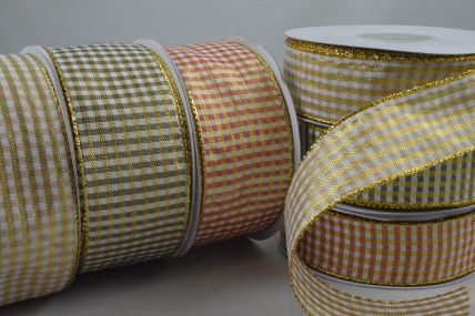 55140 - 25mm and 38mm Gingham Check with a bright lurex gold stripe woven edge ribbon.   20 metres per reel