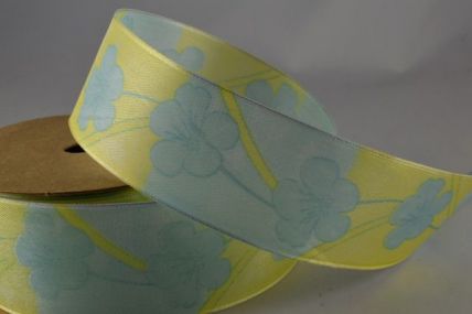 Y375 - 40mm Blue & Yellow Wired Flower Printed Ribbon x 20 Metre Rolls!!