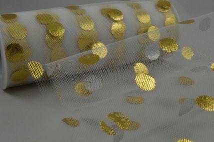 88016 - Large Bright Golden printed dots onto a Whiye Nylon tulle x 10mts