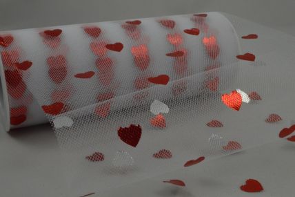 88016 - 150mm Bright Red Valentine hearts printed onto a White Nylon Tulle fabric  x 10mts