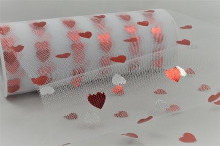 88016 - 150mm Bright Red Valentine hearts printed onto a White Nylon Tulle fabric  x 10mts