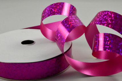 Y739 - 15mm Fuschia Metallic Holographic Spotted Polypropylene Ribbon x 10 Metre Rolls!