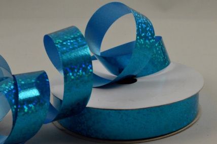 Y740 - 15mm Aqua Blue Metallic Holographic Spotted Polypropylene Ribbon x 10 Metre Rolls!