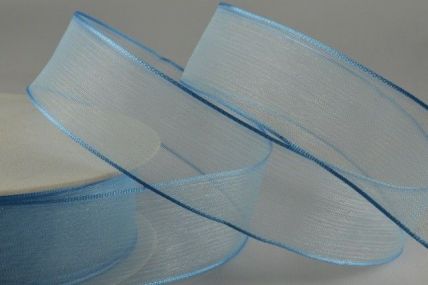 Y827 - 25mm Light Blue Wired Sheer With Coloured Edge Ribbon x 25 Metre Rolls!! 