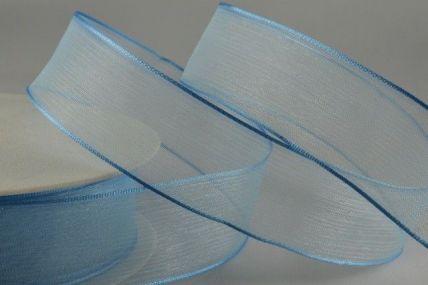 25mm & 40mm Light Blue Wired Sheer With Coloured Edge Ribbon x 25 Metre Rolls!
