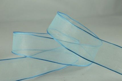 Y828 - 25mm Aqua Wired Sheer With Coloured Edge Ribbon x 25 Metre Rolls!! 