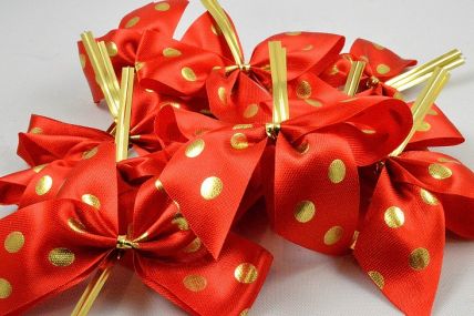 Y447 - 25mm Red Satin with a Gold Spot printed Bows x 10 Pieces!!