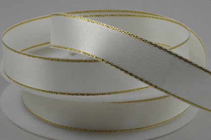 Y639-25mm White woven satin ribbon with a gold lurex edge x 25 metres 