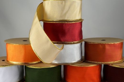 WIRED EDGE WHITE /& GOLD FLORAL SATIN RIBBON 40MM X 1 M